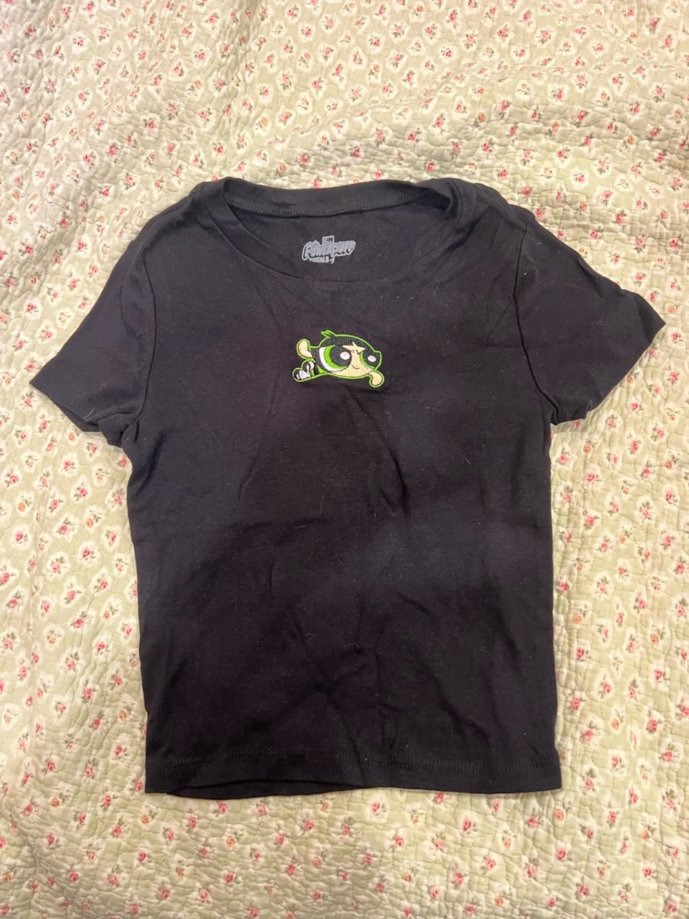 Cartoon Network Black Short Sleeve Tee with Green Powerpuff Patch